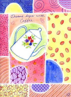 "Coffee Dreams" 9 x 12 inch Watercolor and Ink on Paper by Dawn Marie Paul at DMPaul.com